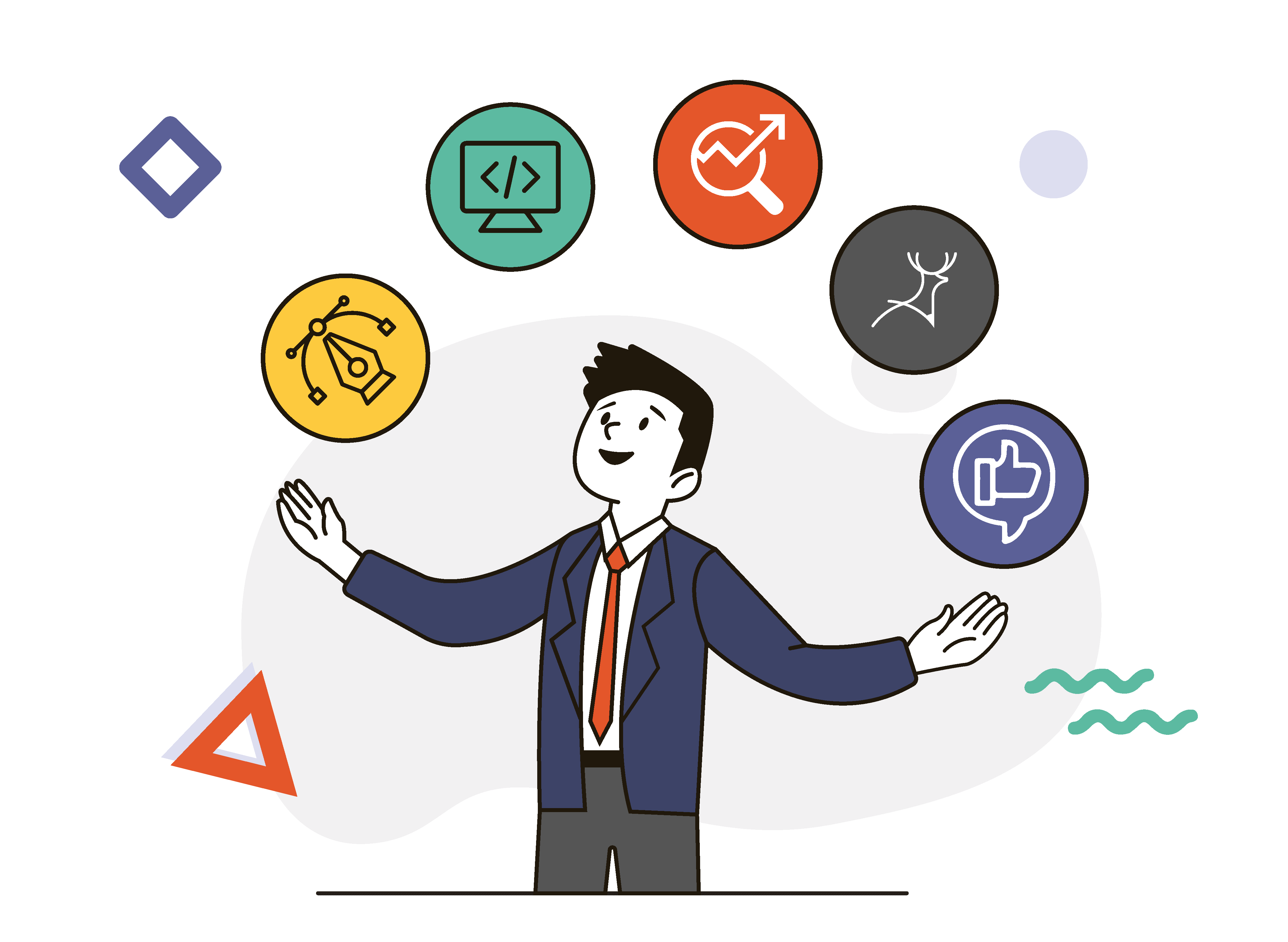 Business owner juggling design coding SEO and social media marketing