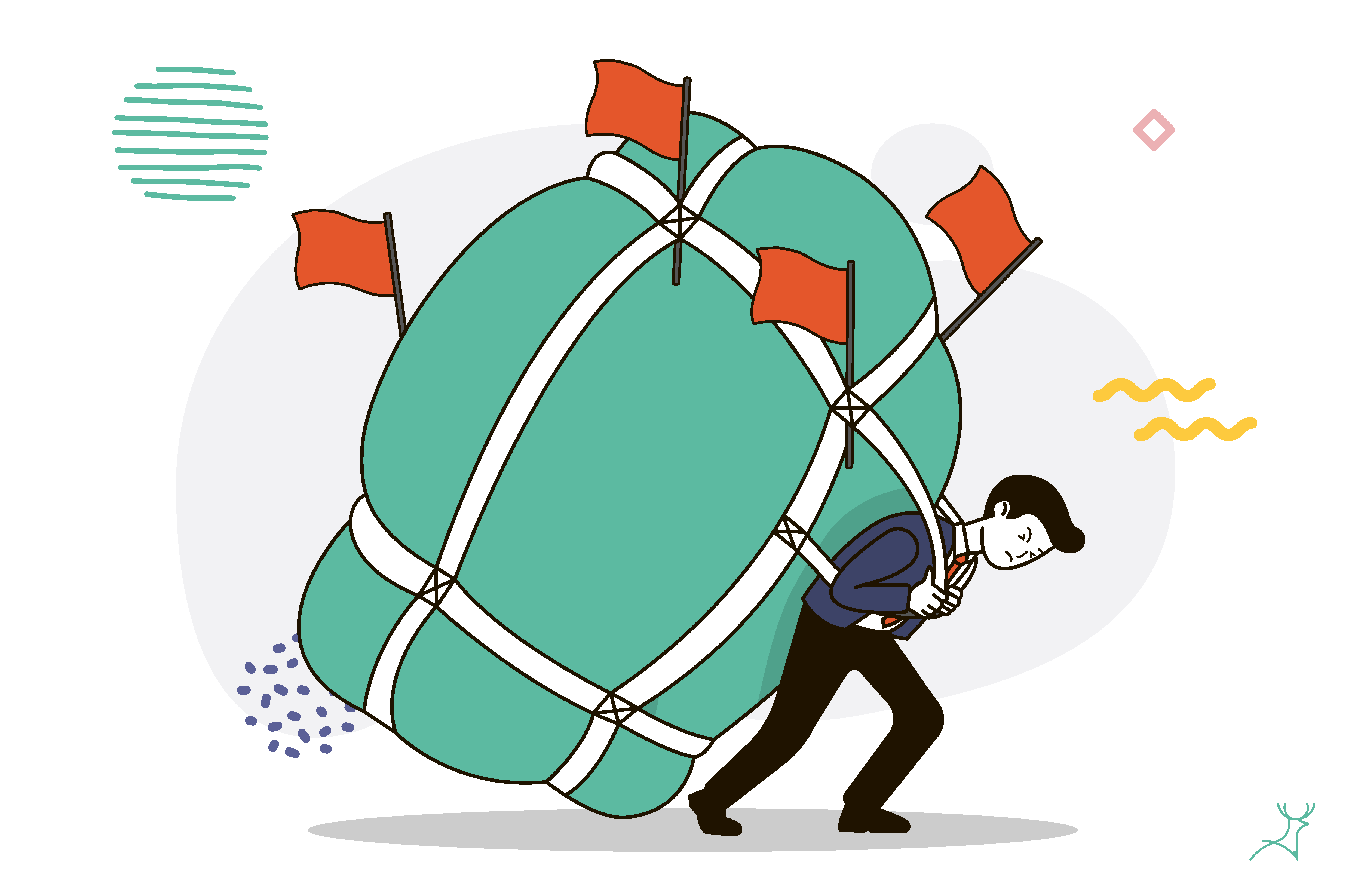 Business owner overburdened with tasks with flag big backpack