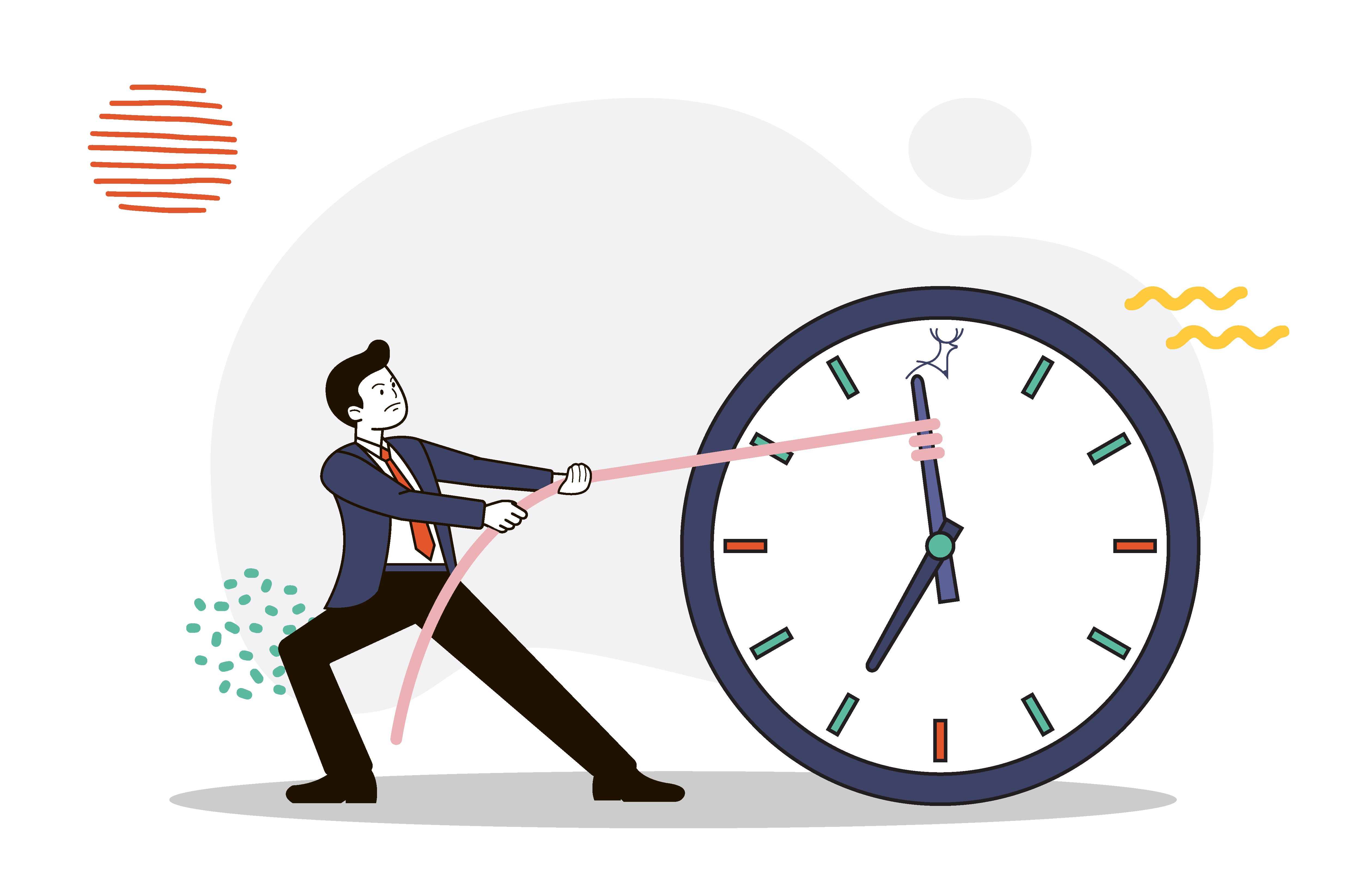 Business owner struggling with time management pulling clock