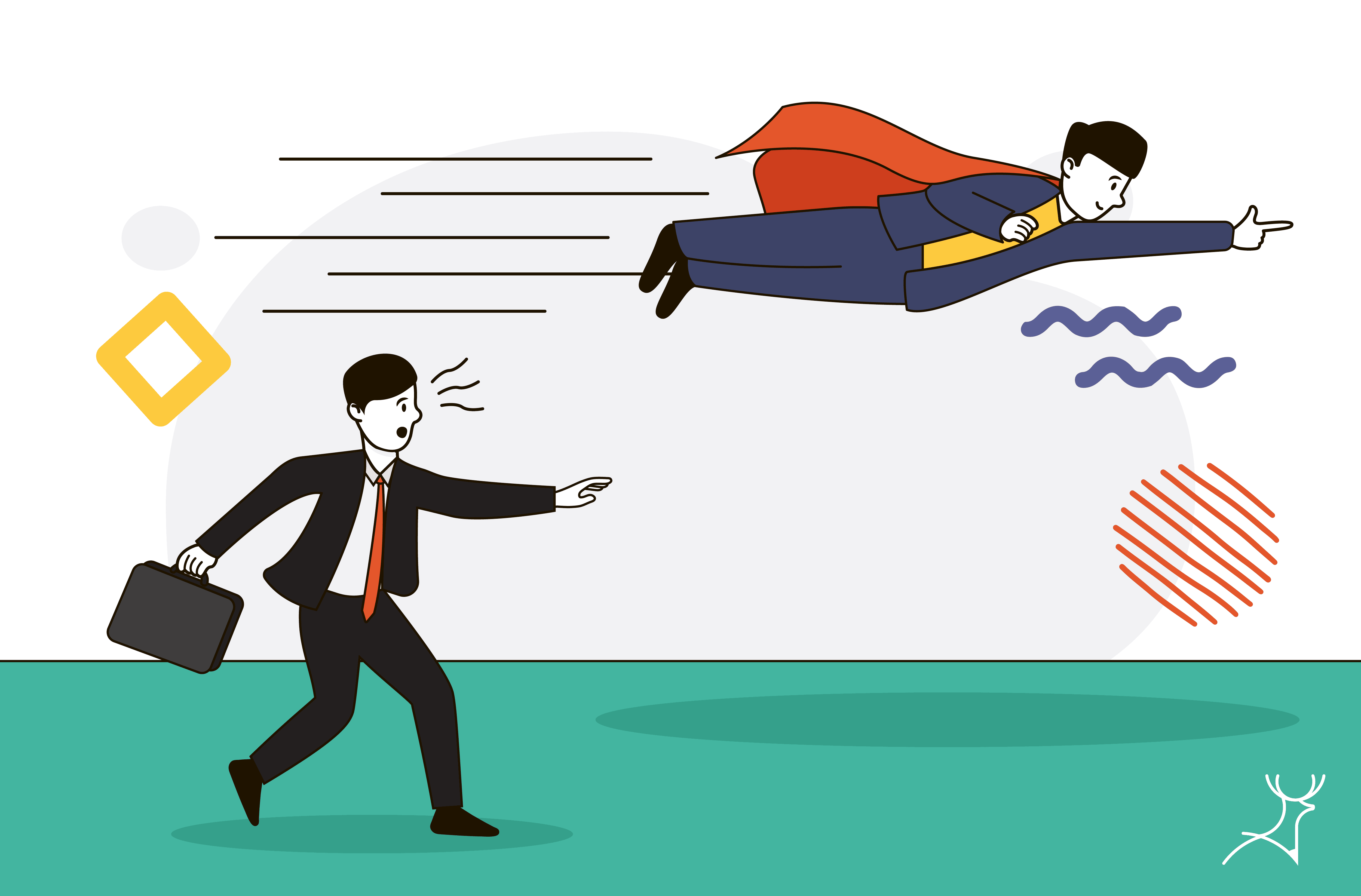 Business owner flying over with competitive advantage fast superhero