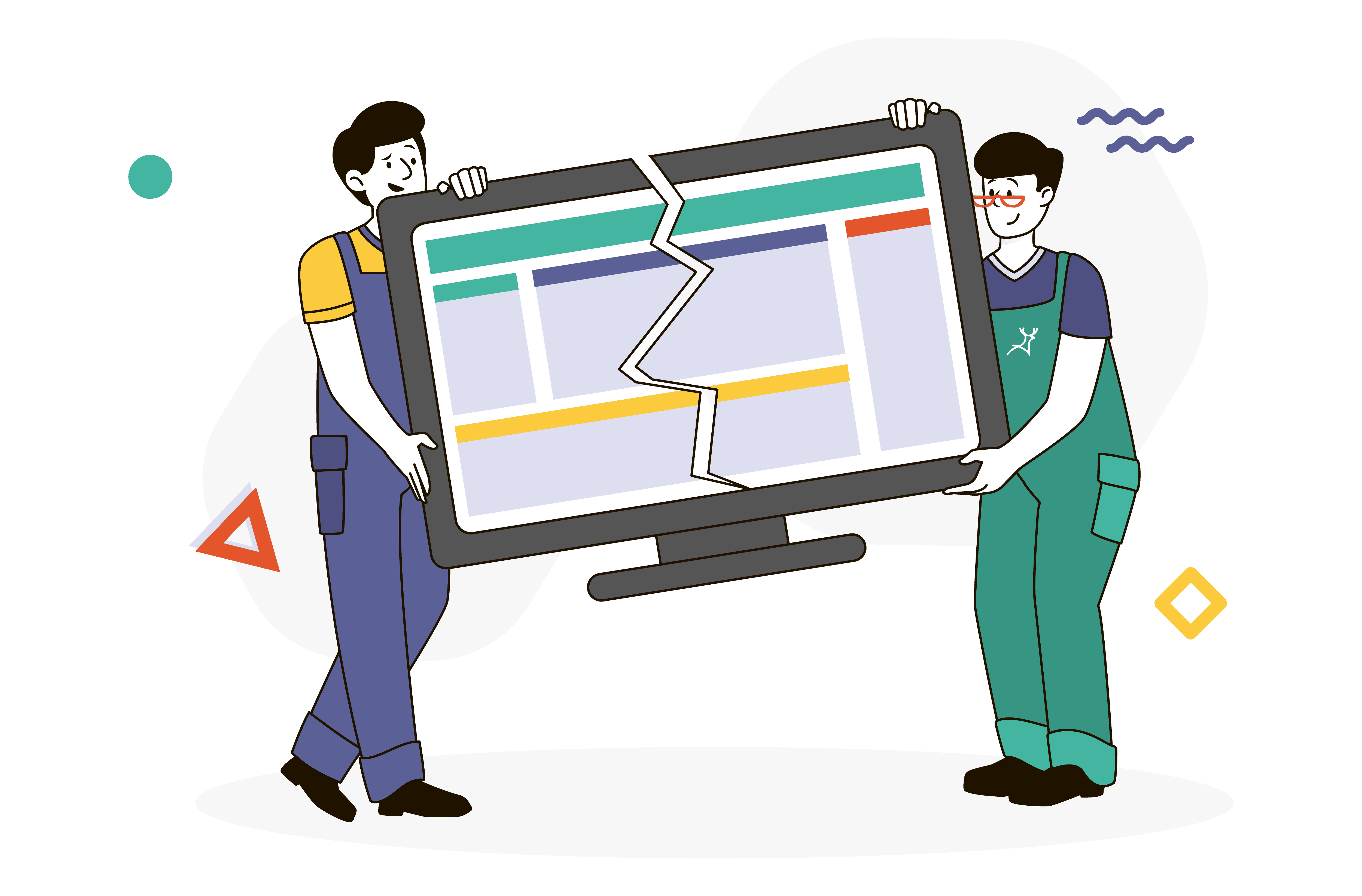 Designers men carrying a broken website computer
