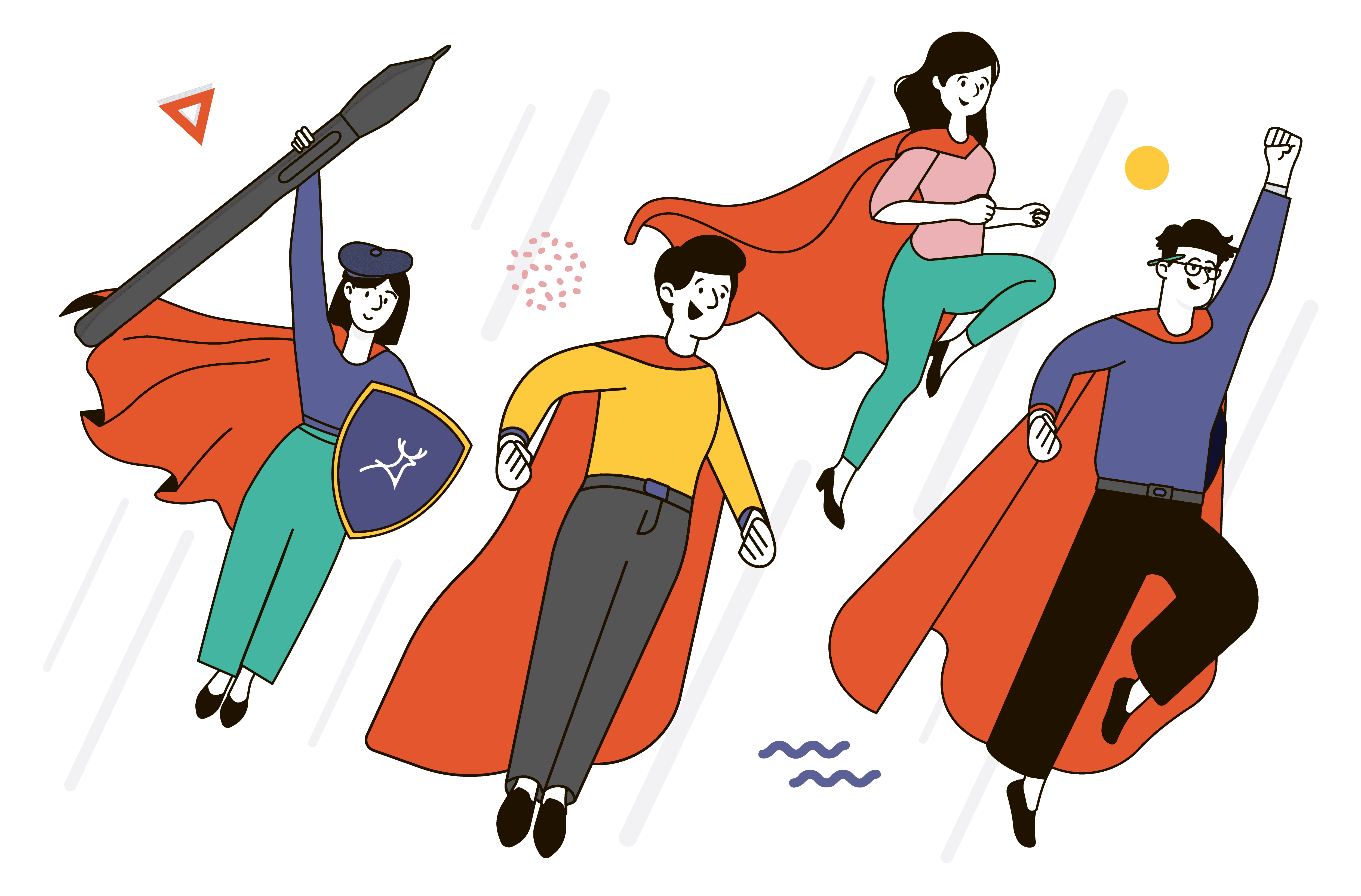 Design team working together with superhero capes flying