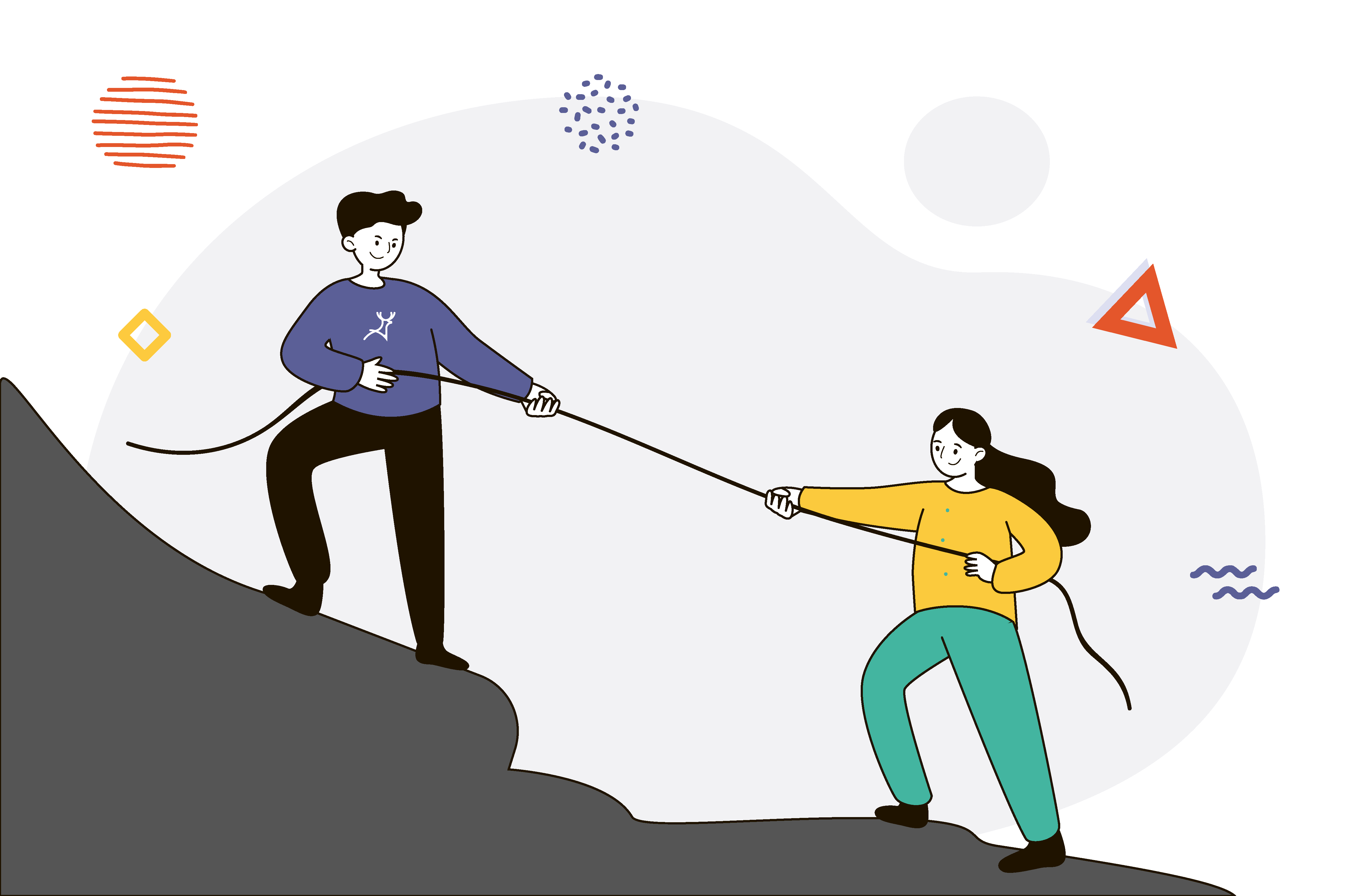 Two people helping each other climb a mountain