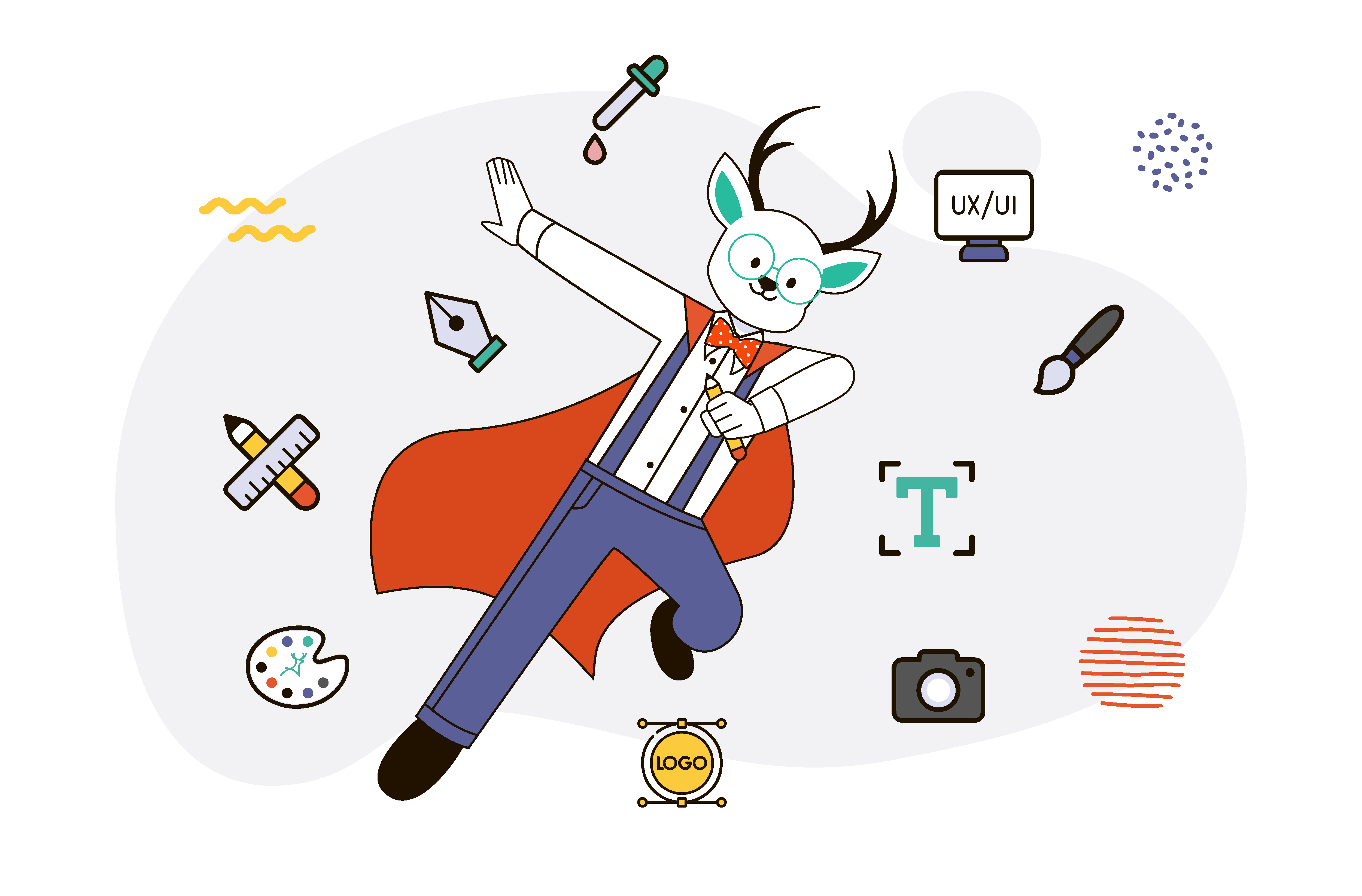 Deer Designer mascot superhero cape to the rescue