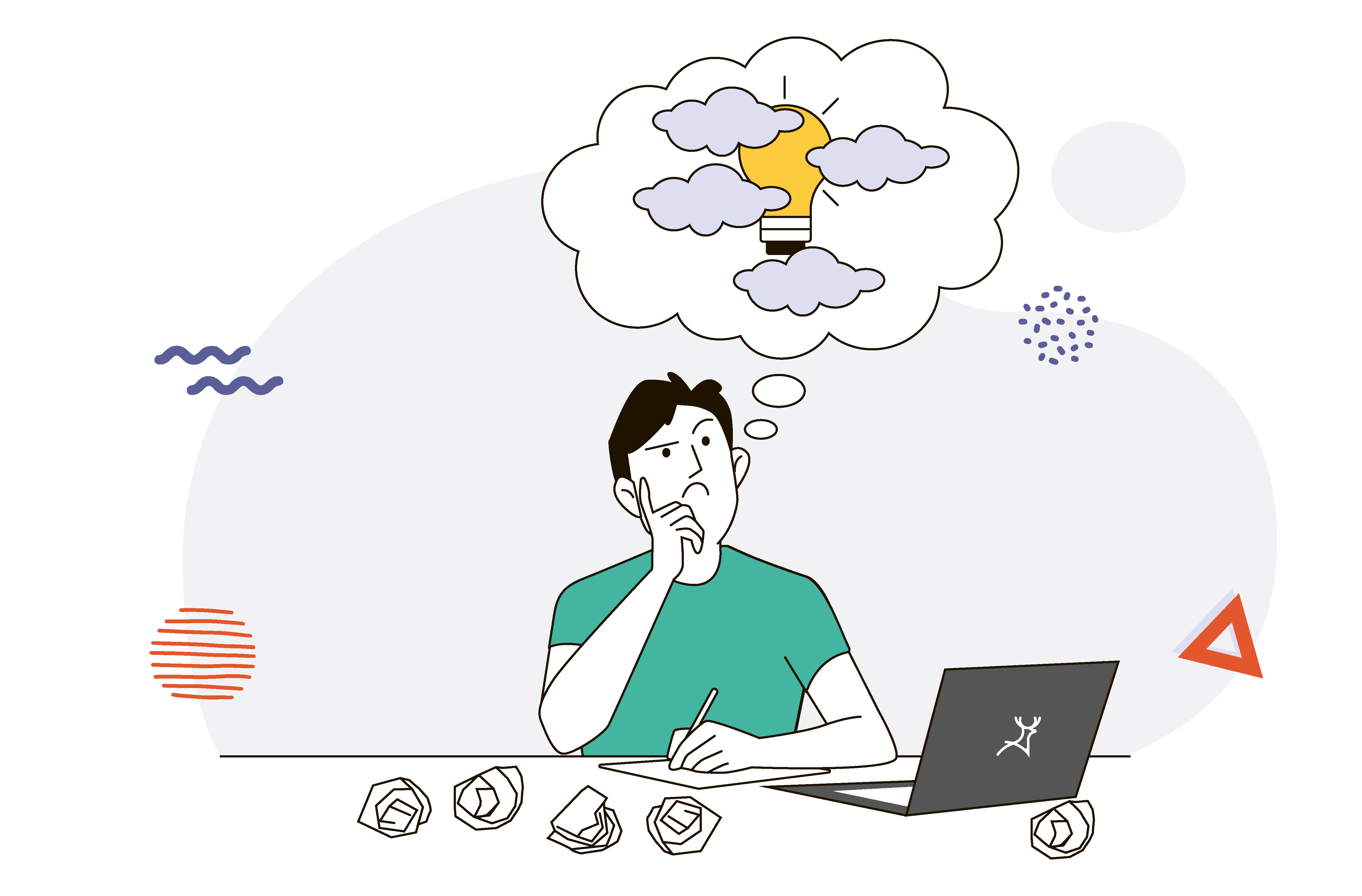Designer struggling to think of ideas cloud crumpled paper laptop