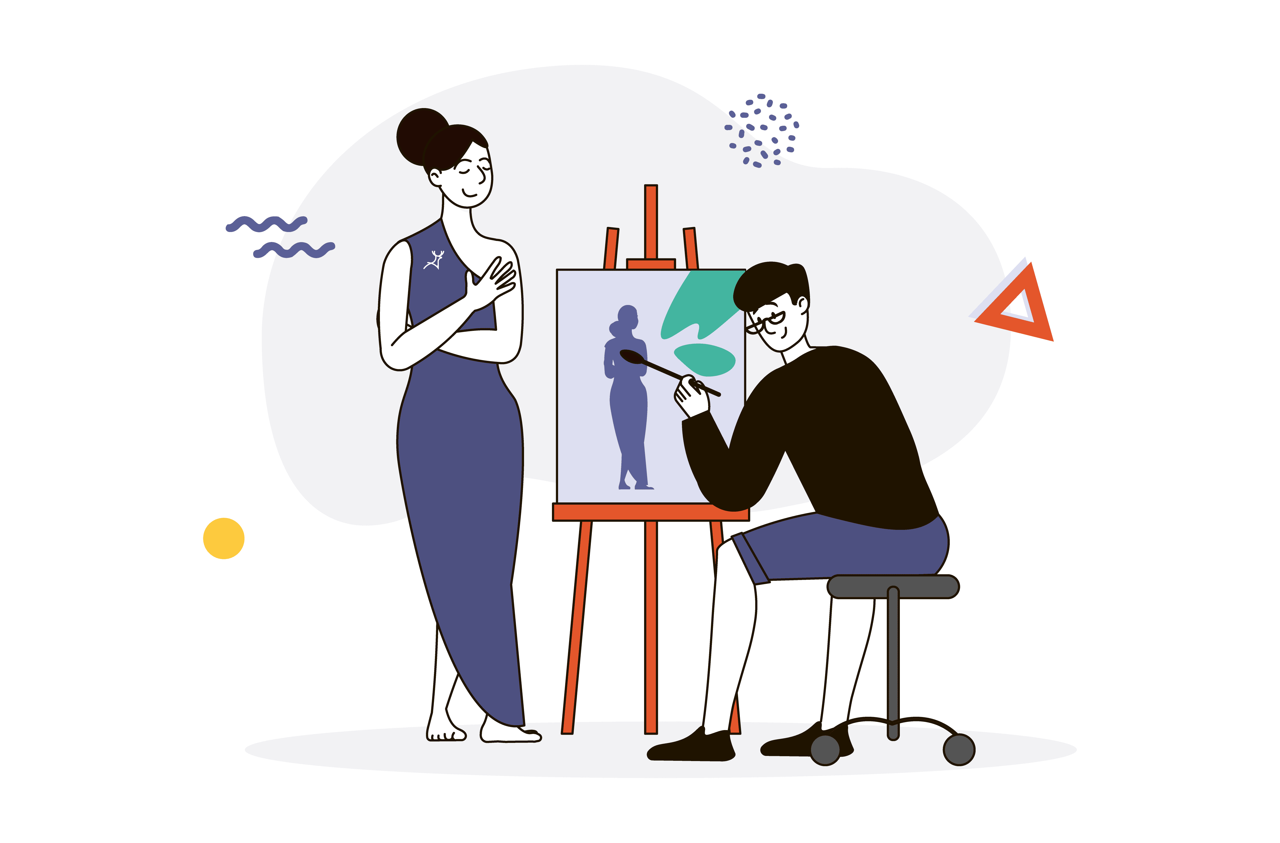 Painter artist painting a female model cartoon