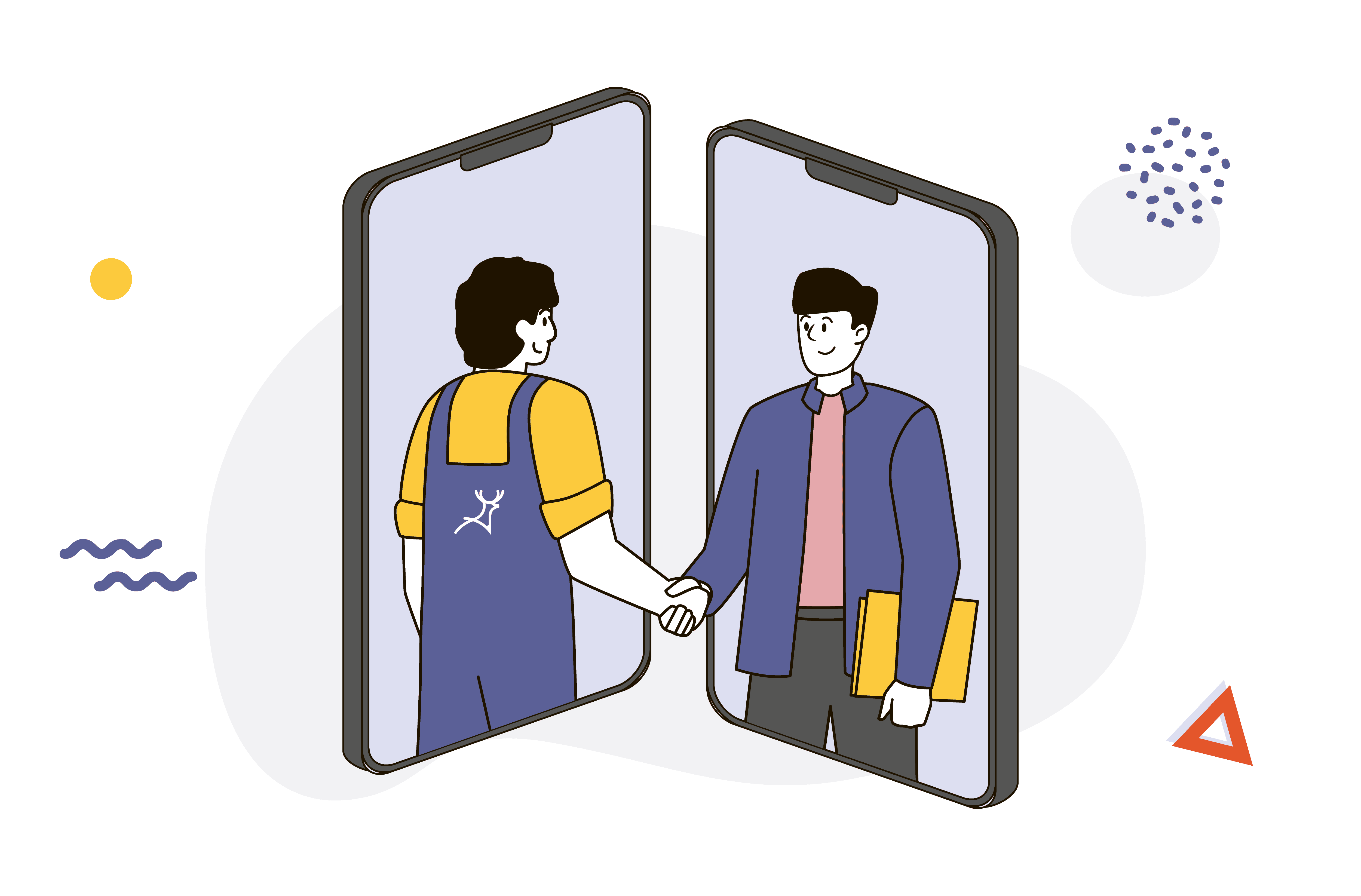 B2B client and entrepreneur shaking hands with mobile phone