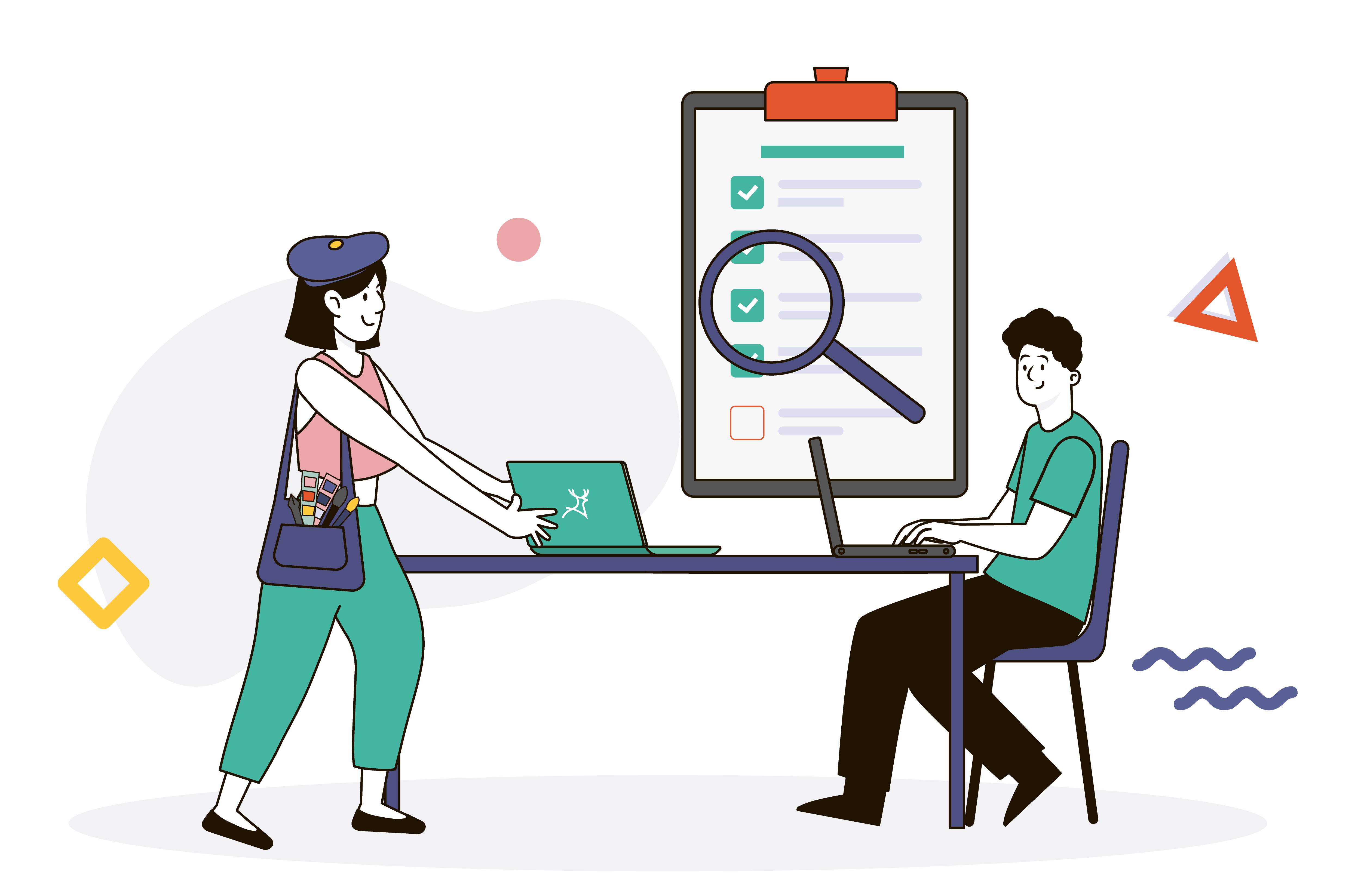 Designer and Quality Analyst sitting on the table checklist