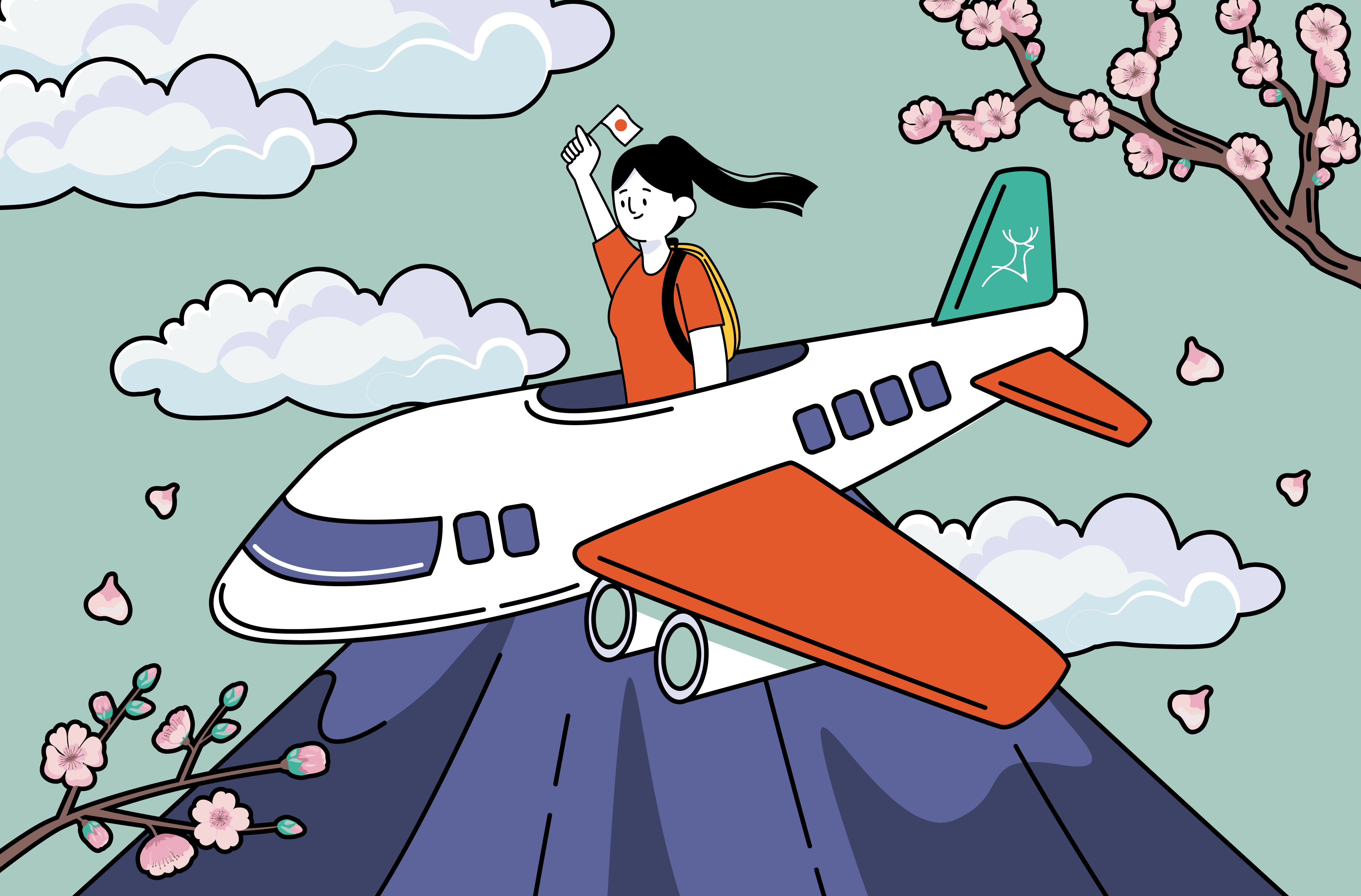 girl on a plane to Japan design sample