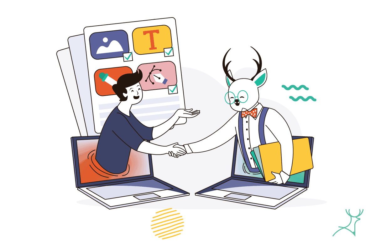 client shaking hands with deer designer mascot