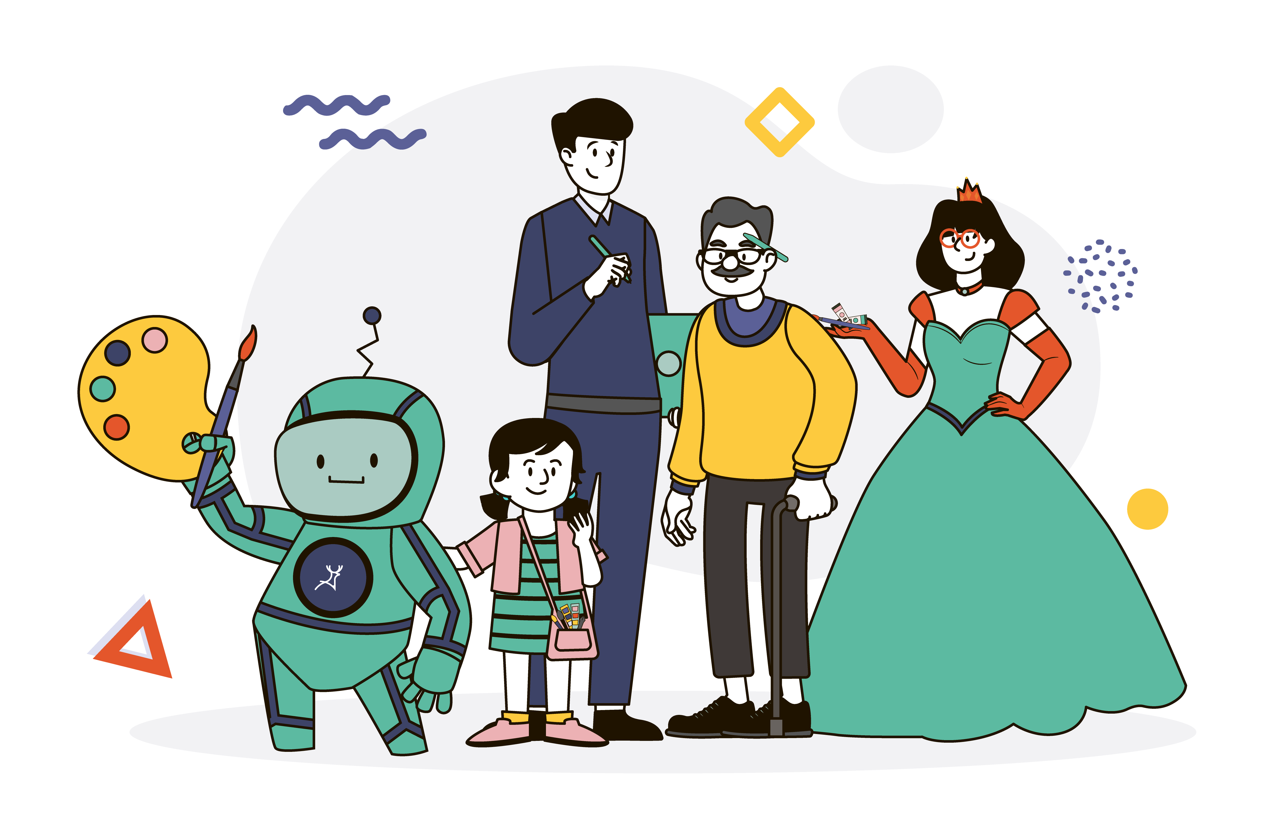 designer robot child girl elder old man princess