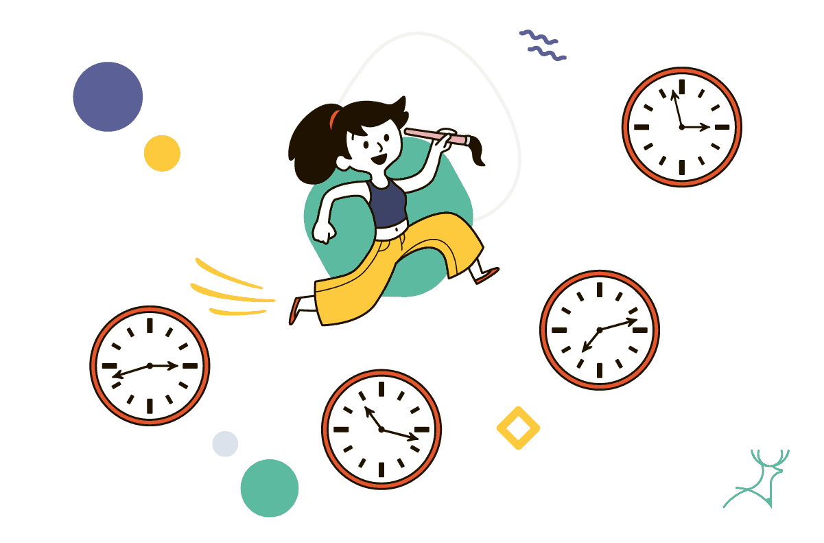 girl jumping over clocks time management