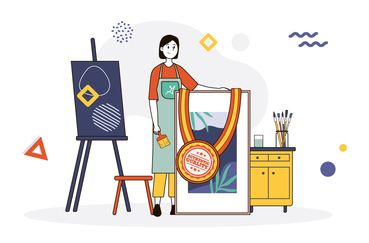 girl painter showing off her authentic paintings