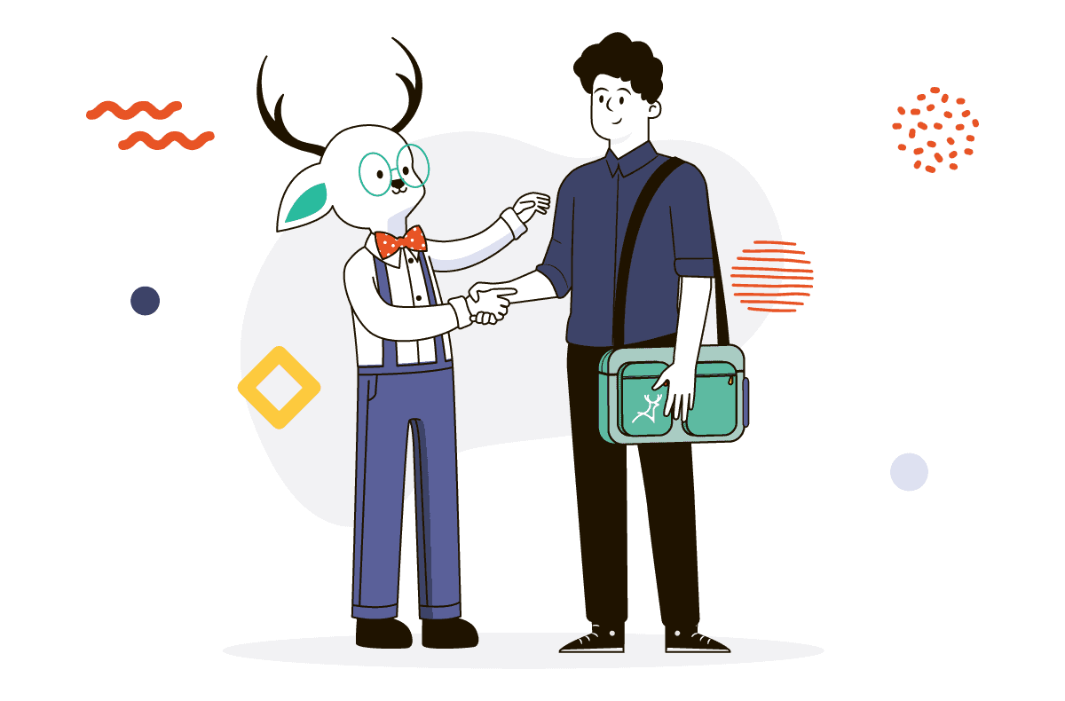 male founder shaking hands with deer designer mascot