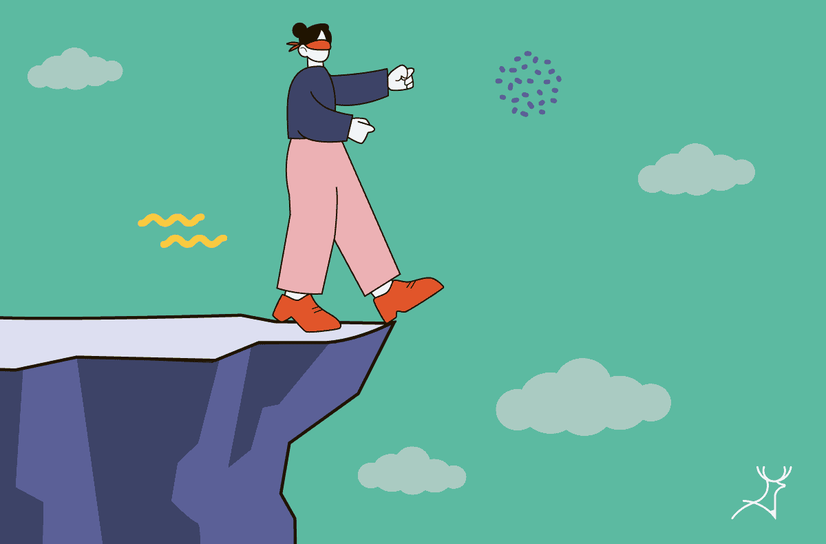 blindfolded person about to fall off a cliff cartoon