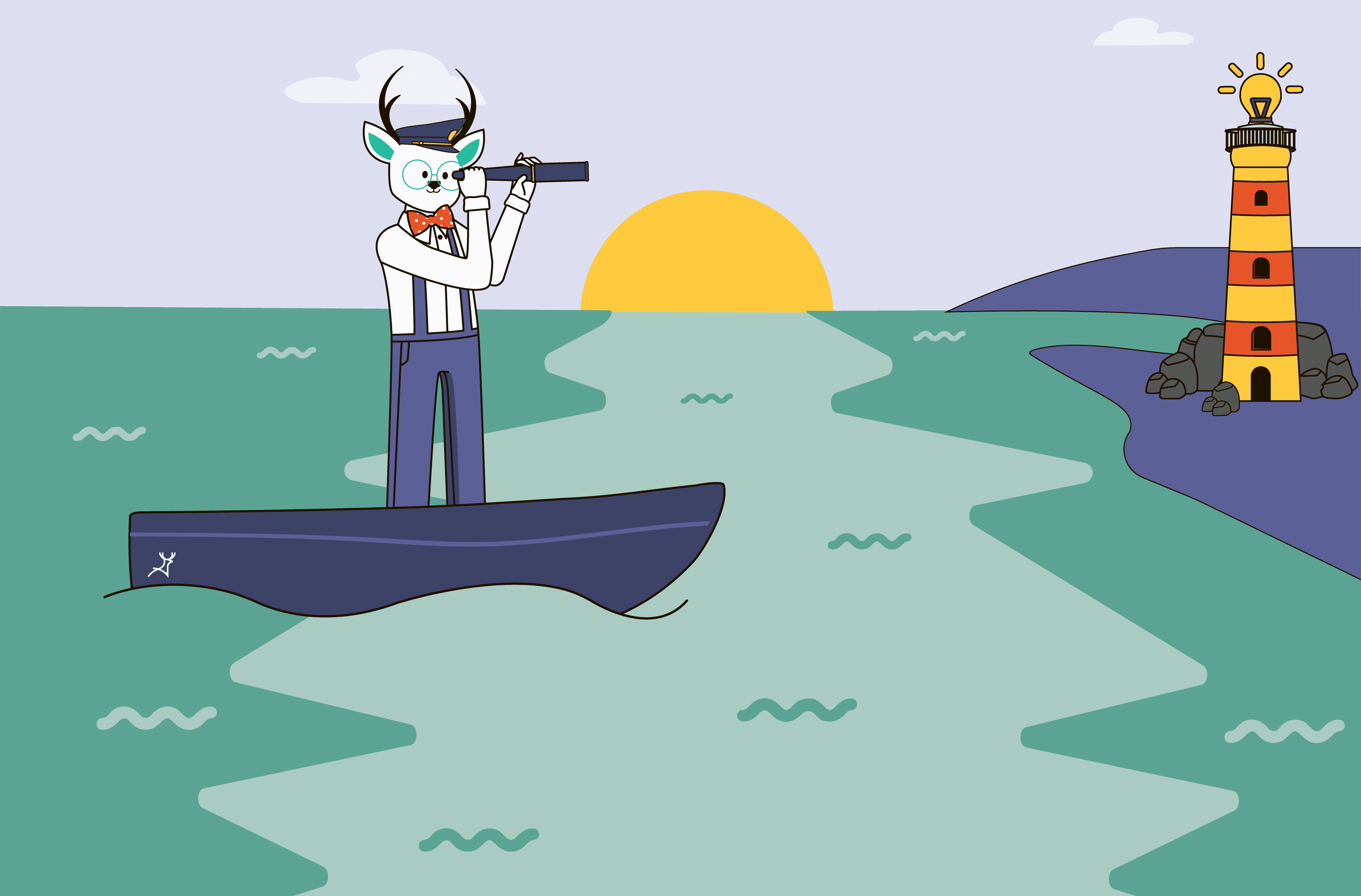 Deer Designer mascot on boat looking at lighthouse idea