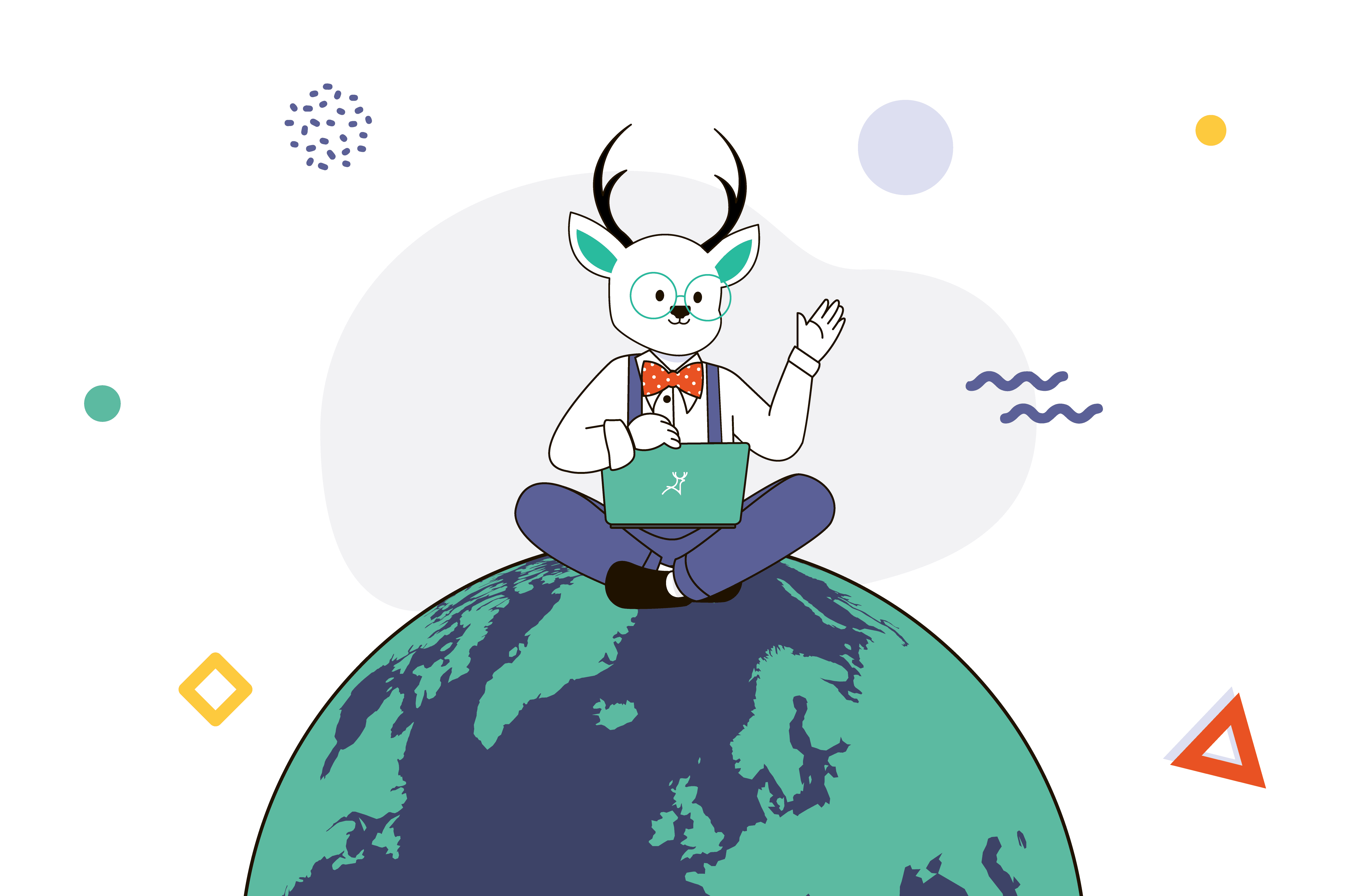 DD mascot sitting on top of the world globe