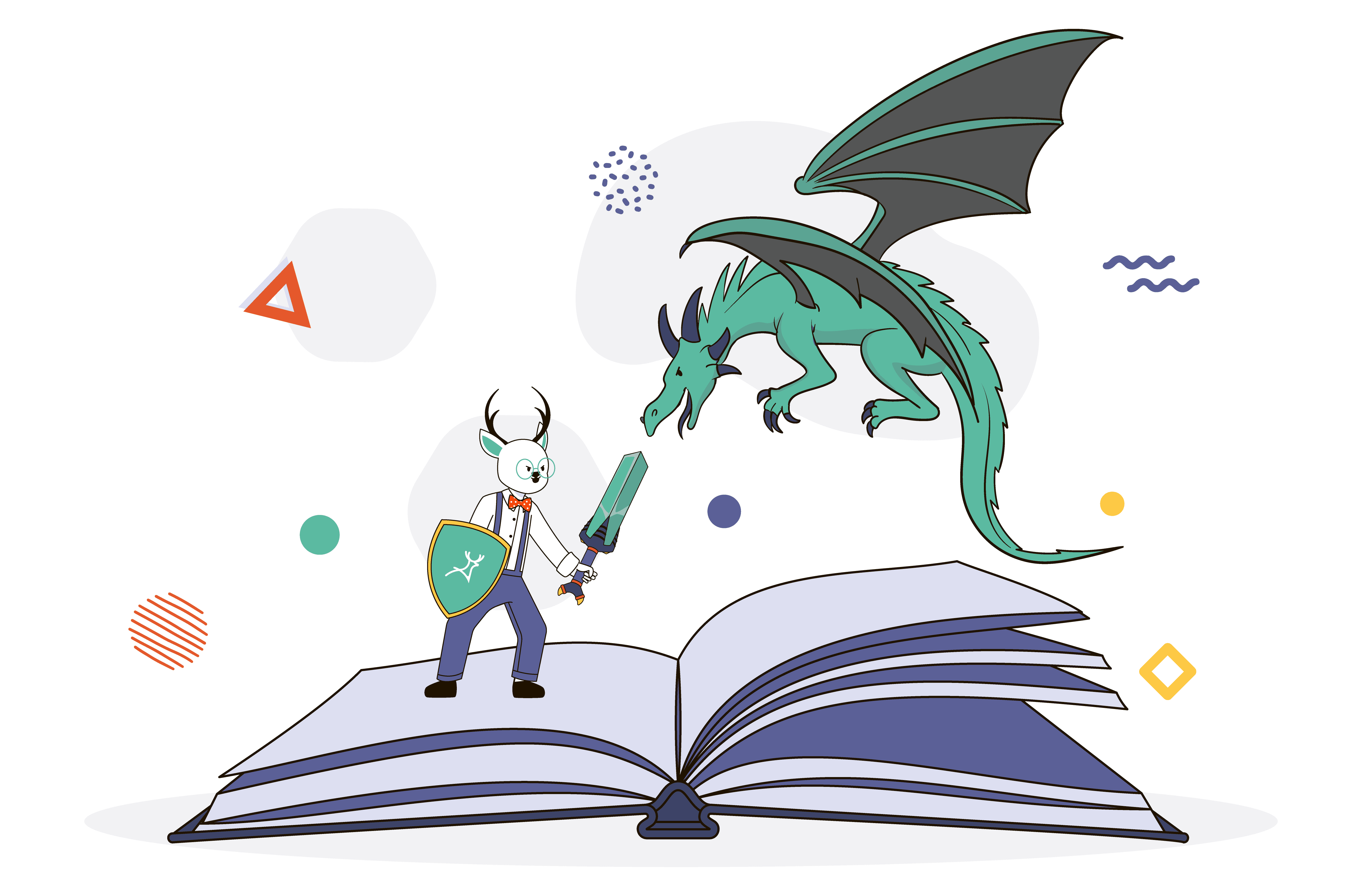 Deer Designer mascot fighting a dragon on top of a book