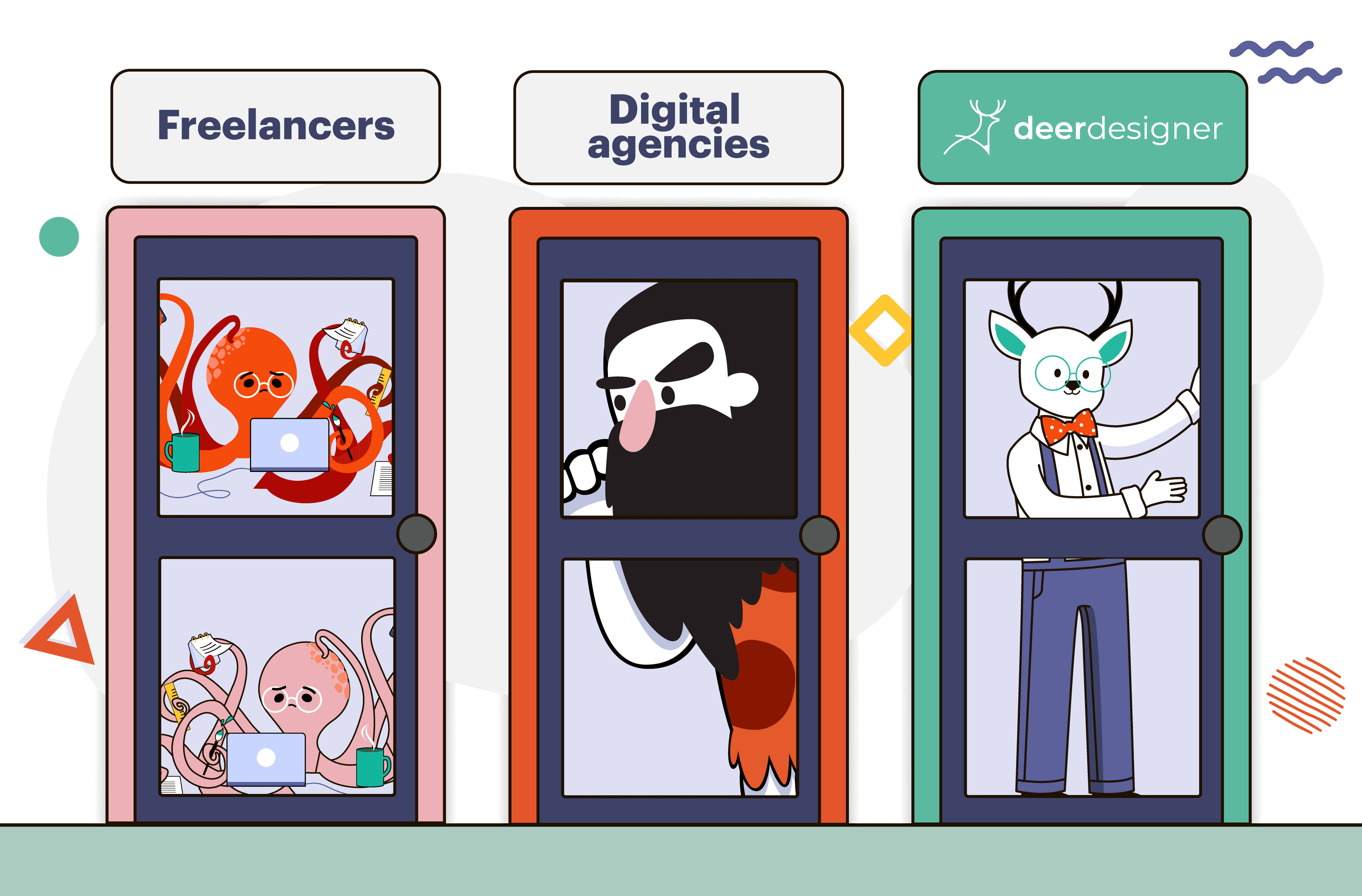 3 doors deer designer mascot freelancers digital agency