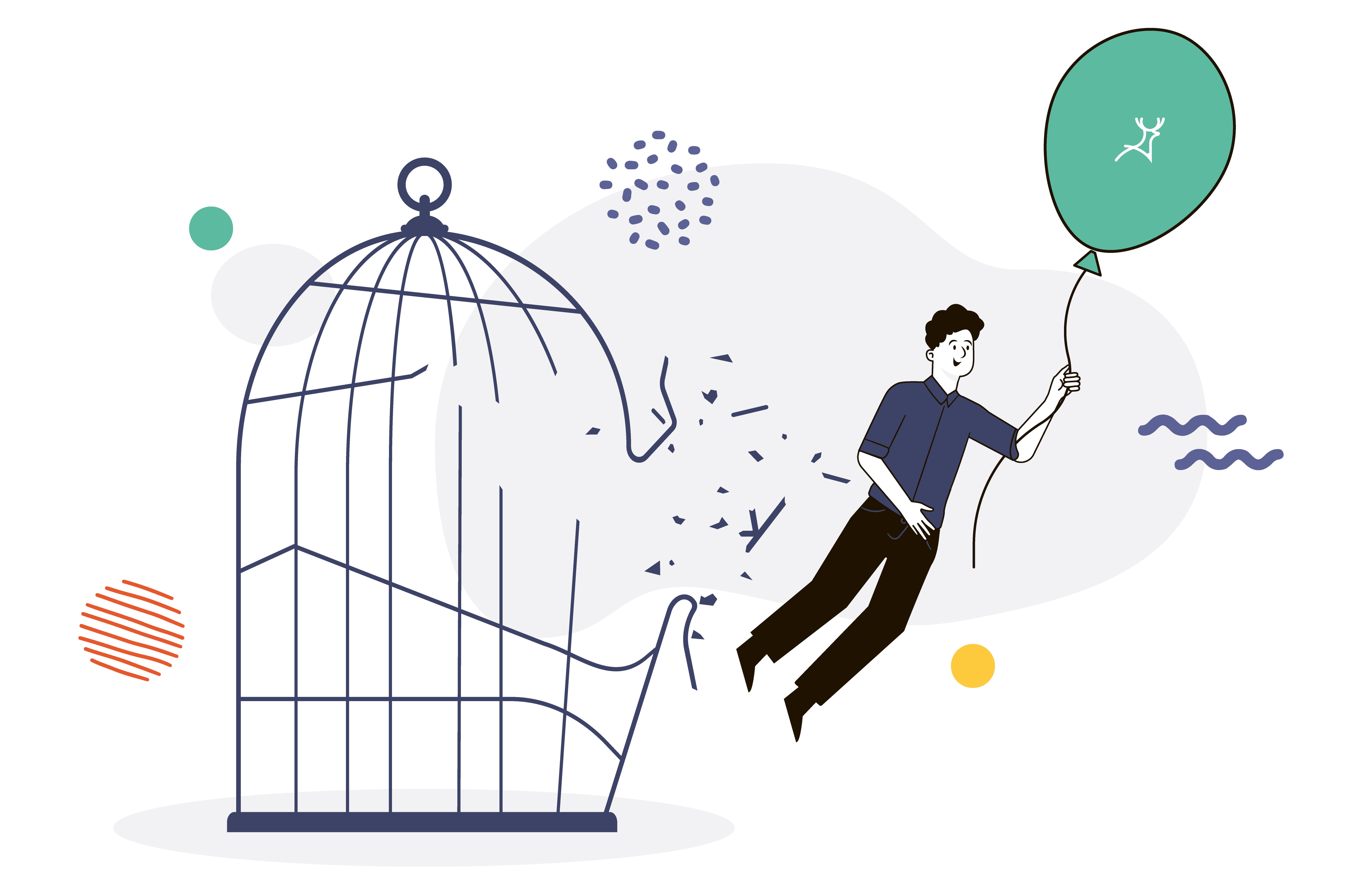 business man person holding a balloon breaking free from cage