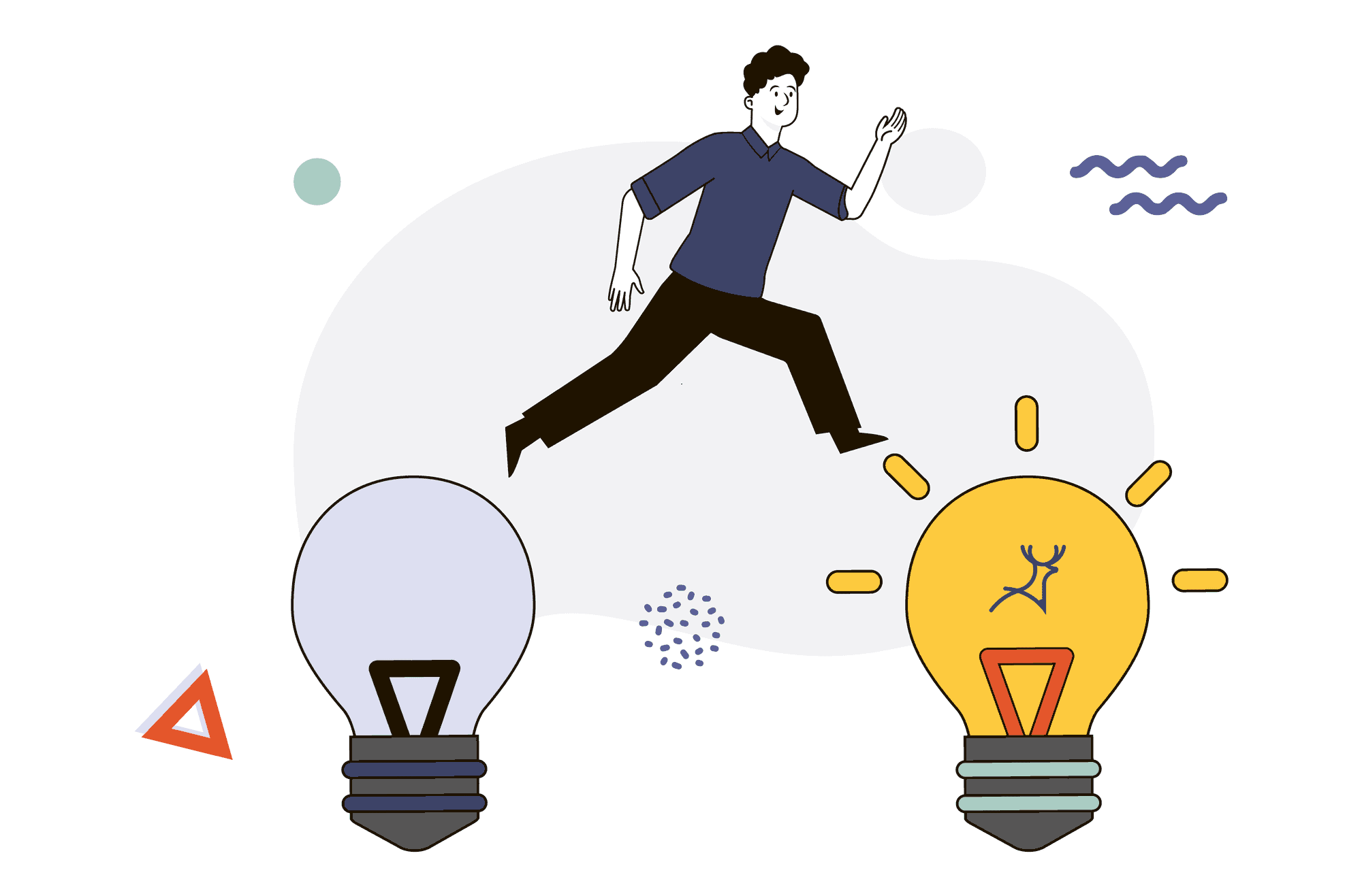 Designer jumping form one lightbulb to another idea