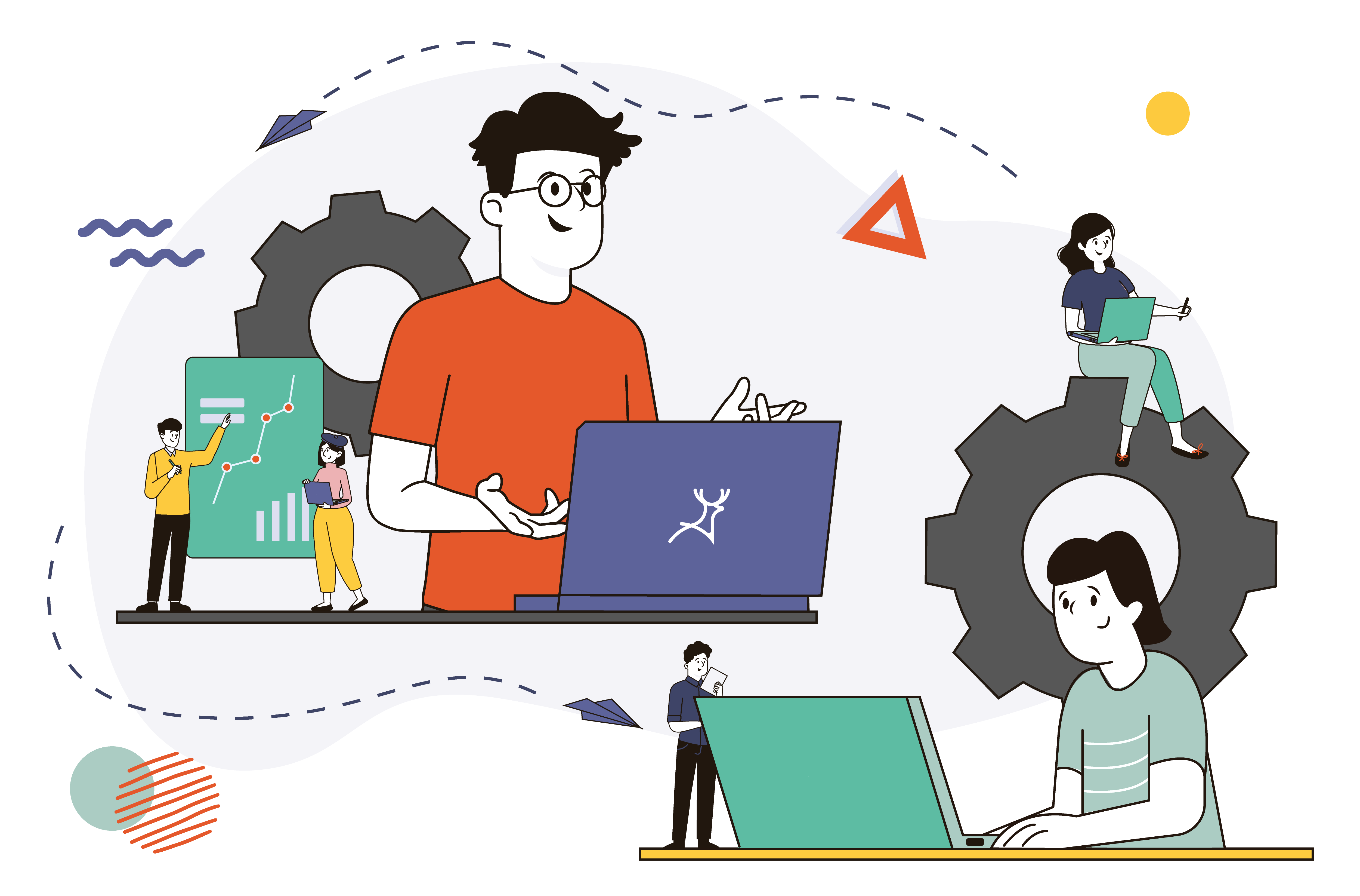 outsourcing client and designer talking with gears and laptop