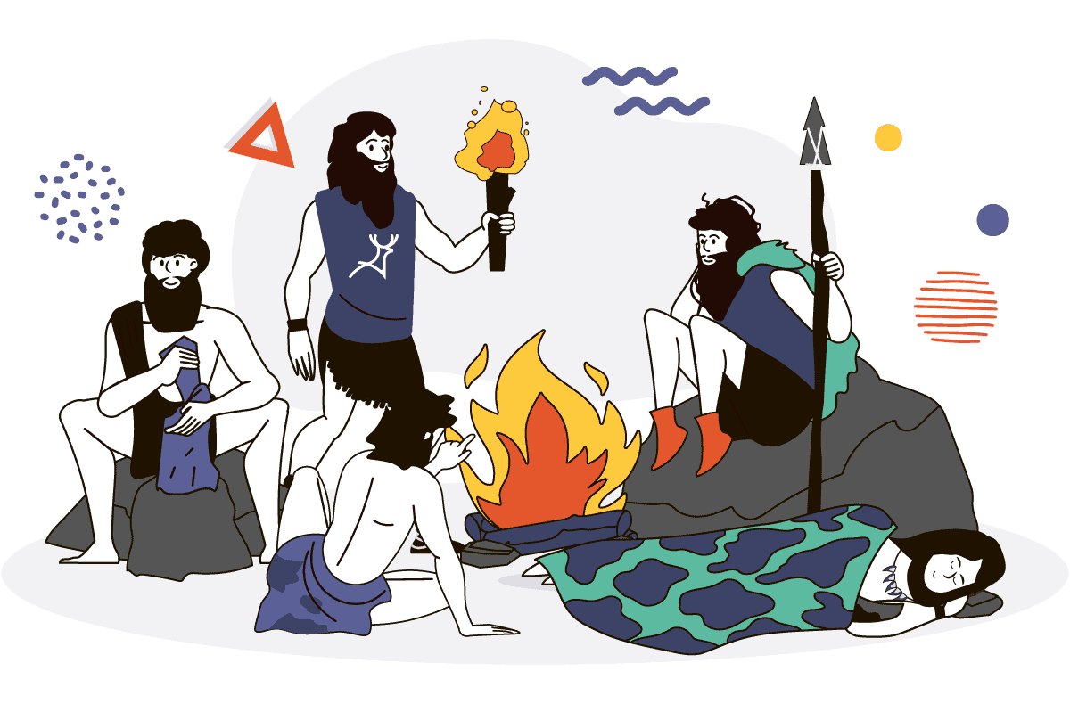 pre historic tribe socializing around a bonfire