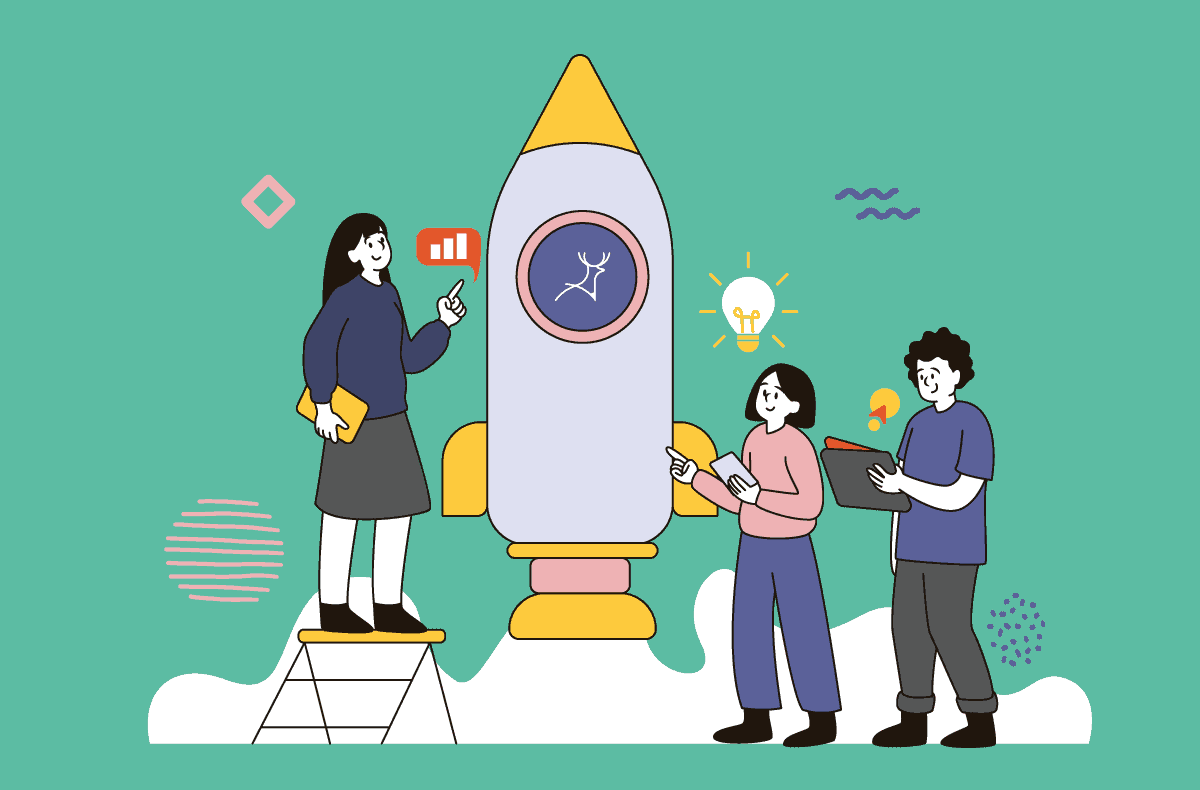 startup team company launching a rocket