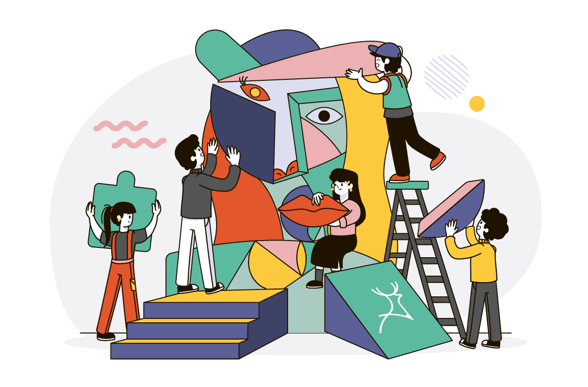 team of designers assembling a logo with a face cubism abstract